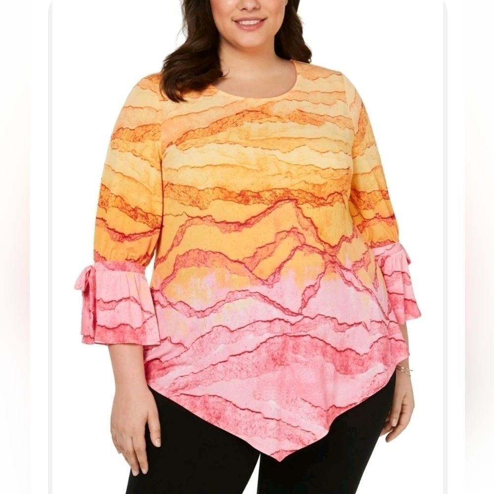 Alfani Women’s Printed V-Neck Blouse Pink Orange Ombre Plus Size XXL
